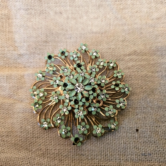 Vintage Embellished Gold & Turquoise Motion Flower Brooch | Size OS - Picture 3 of 9